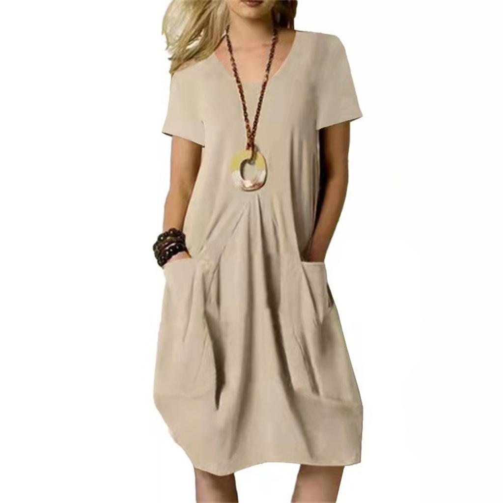 Women's Cotton Linen Solid Color Loose Round Neck Short Sleeve Pockets Dress