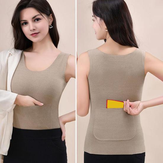 Women Thermal Tank Top Square Neck Sleeveless Warm Camisole Top with Front And Back Pockets Winter Double Layer Basic Undershirts