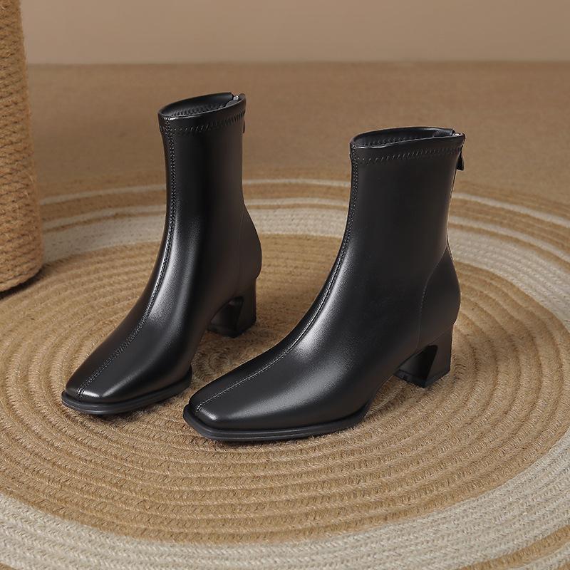 Французские ботильоны на толстом каблуке, женские осенне-зимние новые, для通勤, на молнии, эластичные, с квадратным носком, модные, универсальные, средней высоты, тонкие ботинки