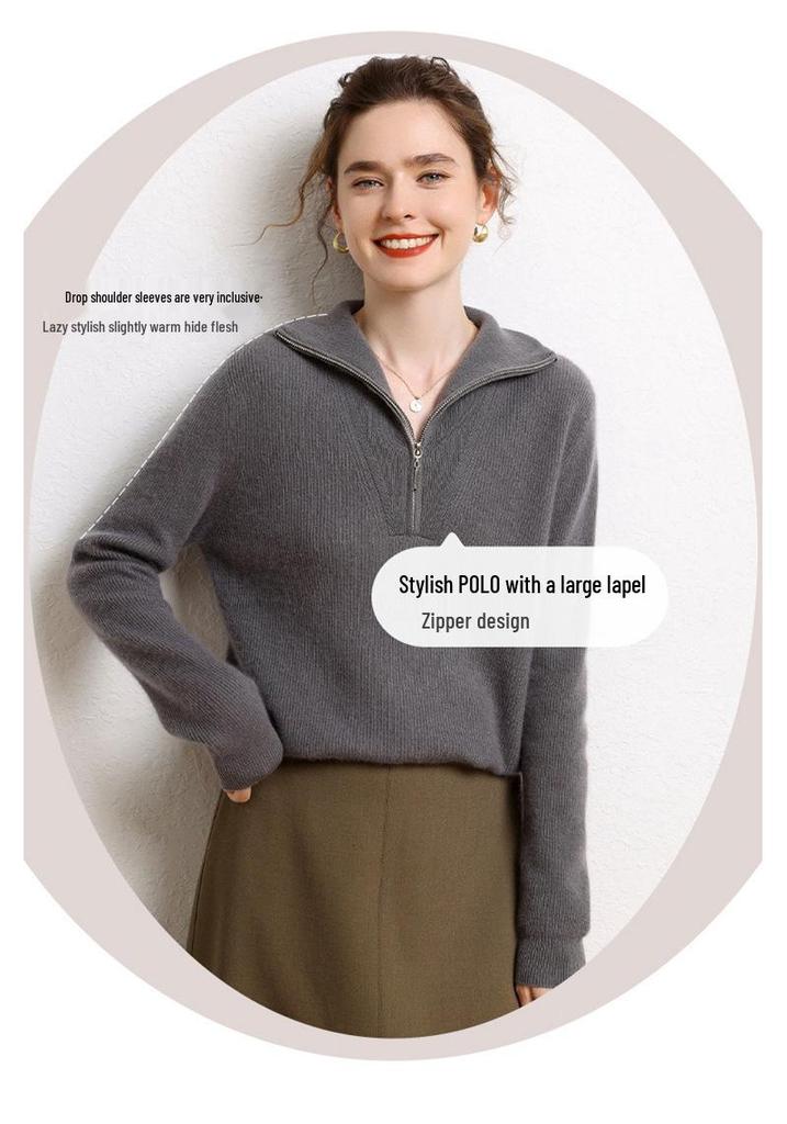 Women's Cashmere Bobble Stitch Half-High Collar Zipper Cardigan