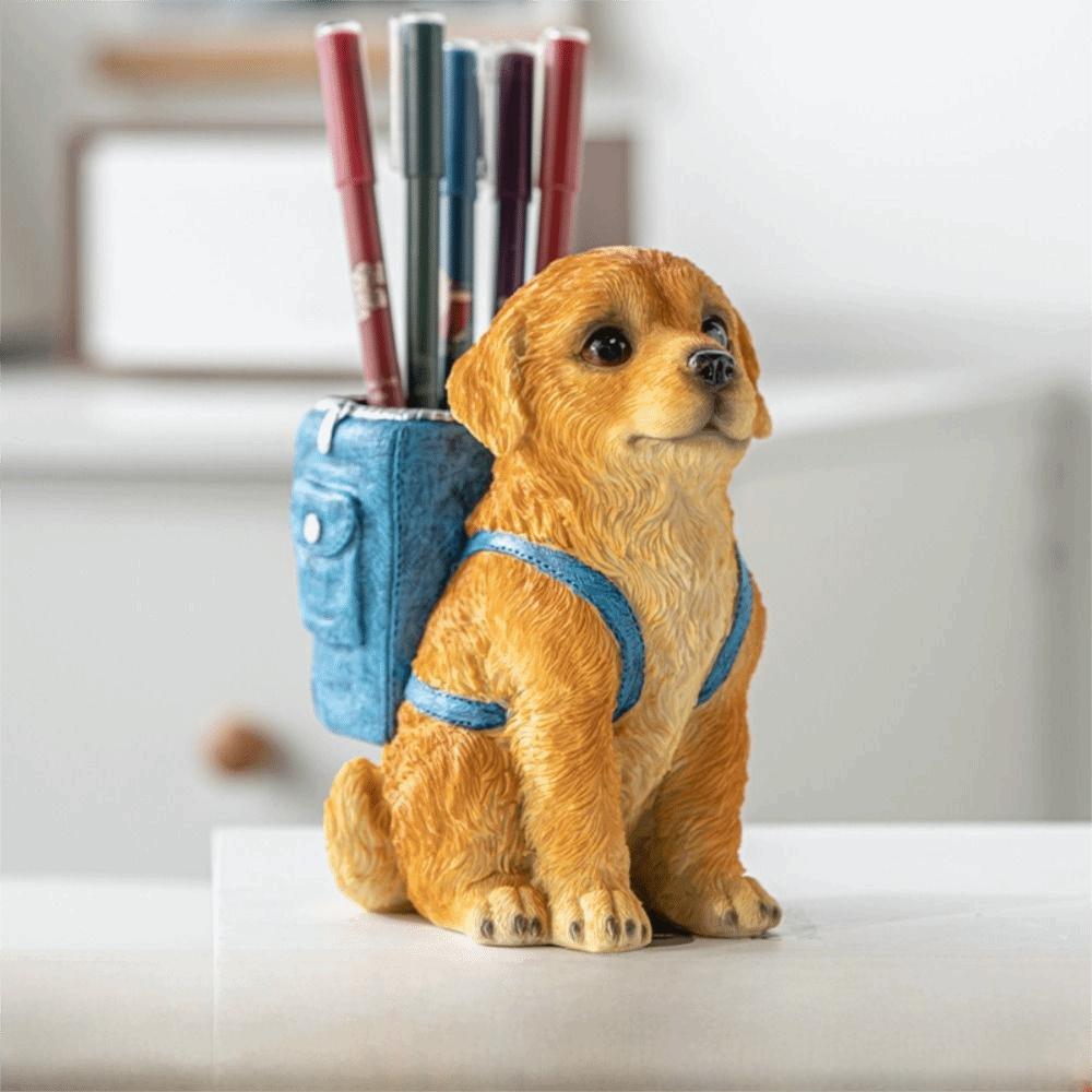 Cute Design Golden Retriever Dog Pen Holder Cartoon Style Creative Sculpture Pen Holder Large Capacity Resin Desktop Organizer