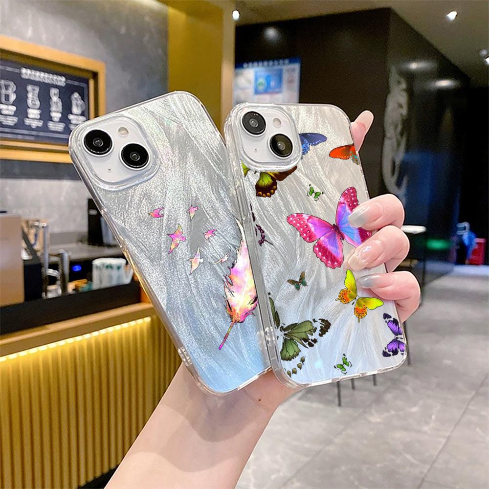 Чехол N76 Butterfly Clear Frame для Samsung S25 Ultra A55 A05s iPhone 16 13 Pro Max XR Xiaomi Redmi Note 13 с текстурой перьев из шифона и серебряным покрытием