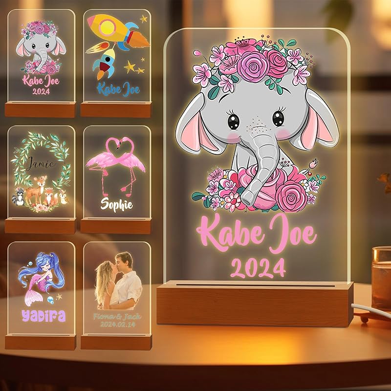 Персонализированный ночник для детей, выгравированное имя, акриловые светодиодные лампы с деревянной основой для детской спальни, декоративный ночник, индивидуальный день рождения