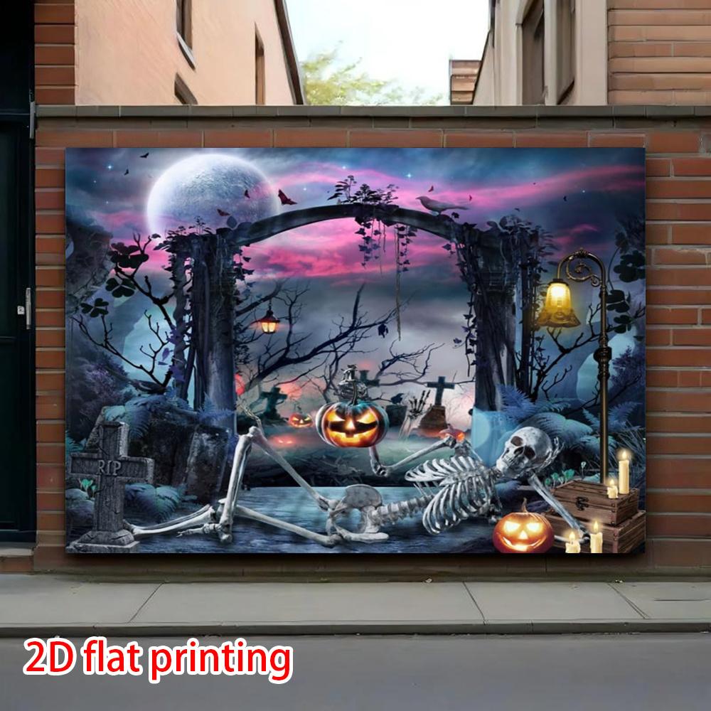 2D flat banner, 1 Halloween party background banner, with evil skull figure and evil pumpkin pattern background design