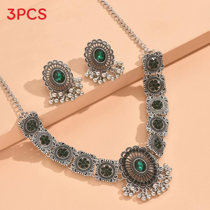 Vintage Geometric Silver Necklace Earring Set For Women With Glittering Crystals Spring