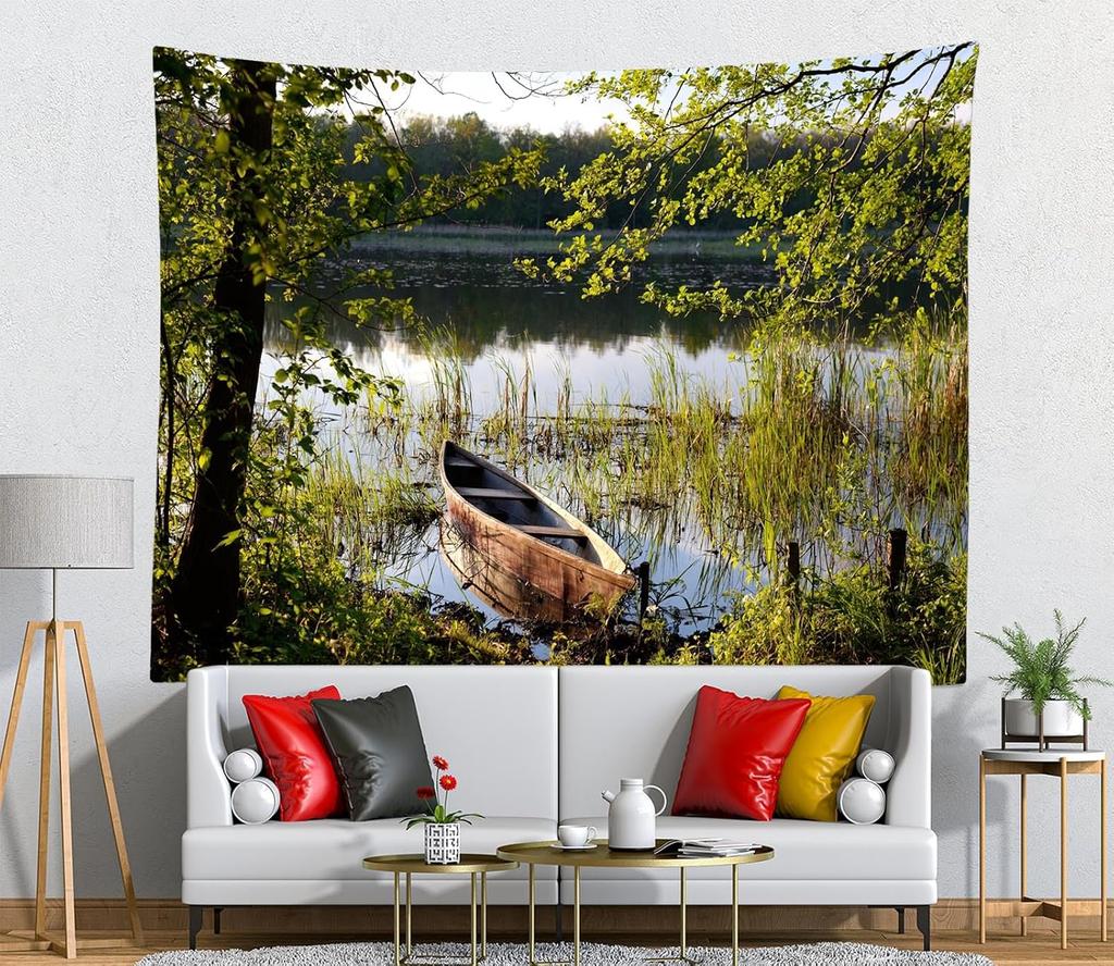 Rustic Boat Pond Landscape Tapestry Wall Art Nature Woodland Scene Home Decor Printed Canvas Picture Abstract Tropical River Mur
