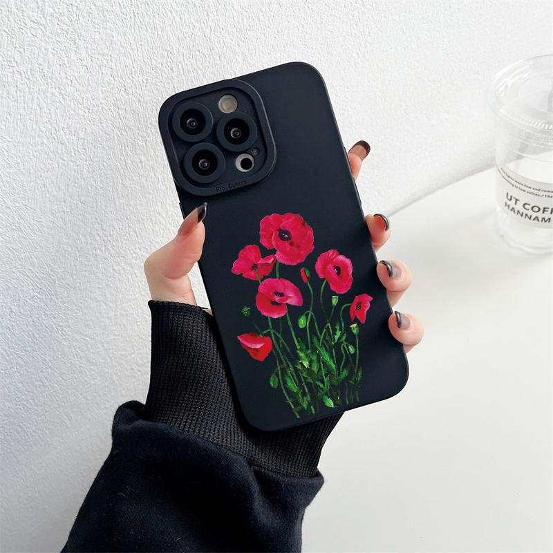 Чехол для телефона с цветком мака Черный цвет Для iPhone 7 8 Plus SE2 13 12 11 14 Pro Max X XR XS Мягкий силиконовый чехол Funda Shells