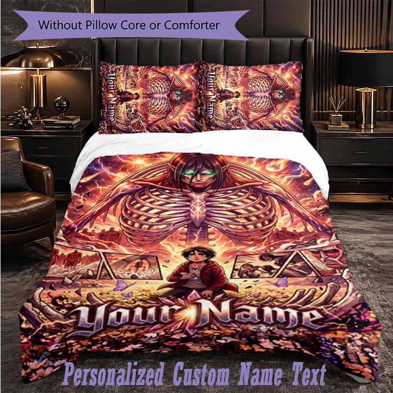 Personalized 3Pcs Bedding SetAttack on Titan Custom Text Duvet Cover Pillowcase Set Bedroom Gift