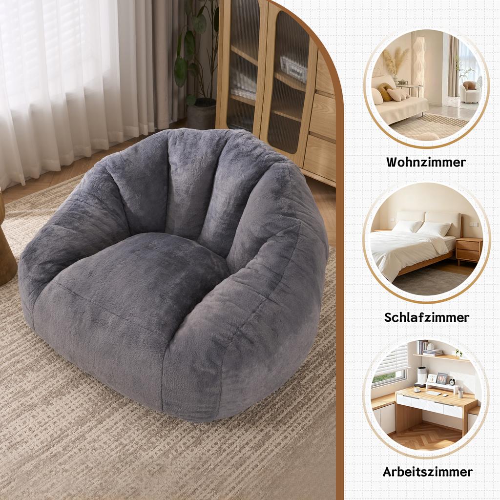 Bean Bag for Adults, fluffy lounge chair made of faux fur, vacuum-packed and assembly-free, for living room, bedroom, balcony - Large (Light Gray)