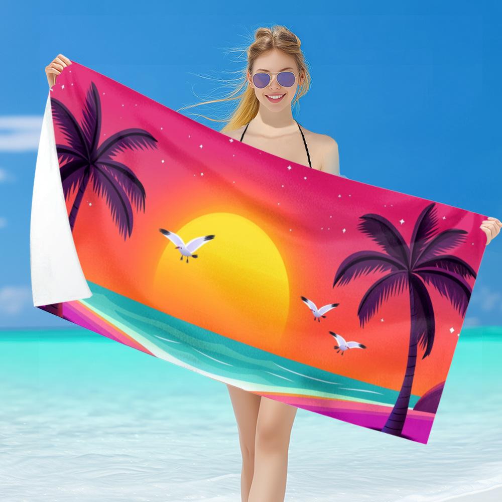 Sunset Palm Tree Beach Towel - Retro Synthwave Ocean & Mountain Flower Print, Quick Dry Microfiber for Summer Vacation