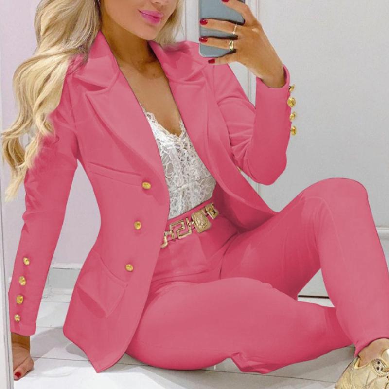 Деловой повседневный комплект из двух предметов, двубортный пиджак с лацканами и узкие брюки, женская одежда