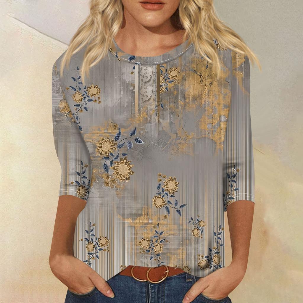 Женская мода, свободная рубашка с круглым вырезом и рукавом семь четвертей, винтажная повседневная футболка с цветочным принтом, топ