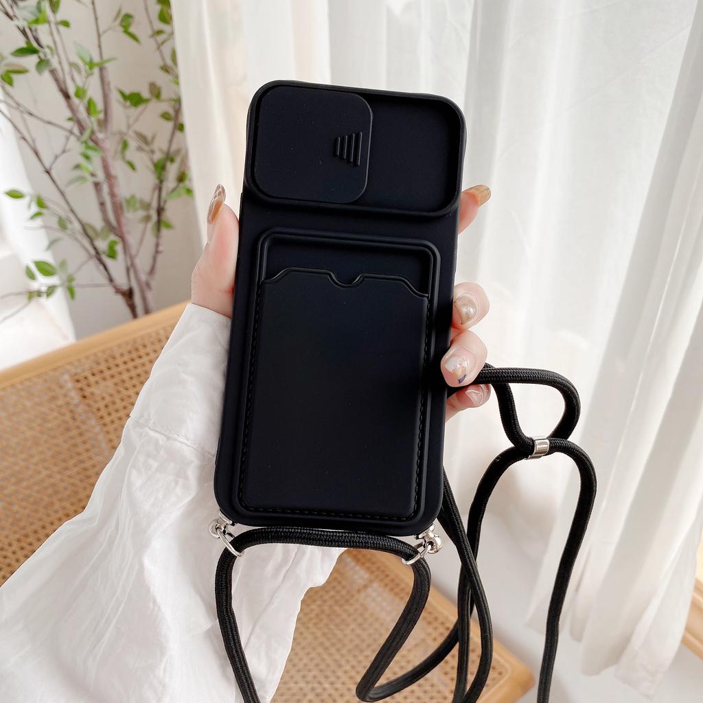 Чехол-чехол с отделением для карт для iPhone 14 15 Plus 16 Pro Max 13 12 Mini 11 X XR XS Camera Push Adjustable Lanyard Remesh Cover