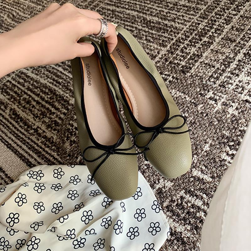 Версия из высококачественной коровьей кожи~ Туфли-лодочки Xiaoxiangfeng с бантом, с открытым верхом, на плоской подошве, женские, на мягкой подошве, в сказочном стиле, с круглым носком, балетки