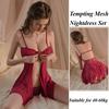 Mesh See-through Temptation Nightdress Front Buttoned with Thong Set Steel Ring Pajamas Sleepwear Set