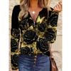 Spring and Autumn New Women's Black Gold Rose Butterfly Print Zipper Long Sleeve Top