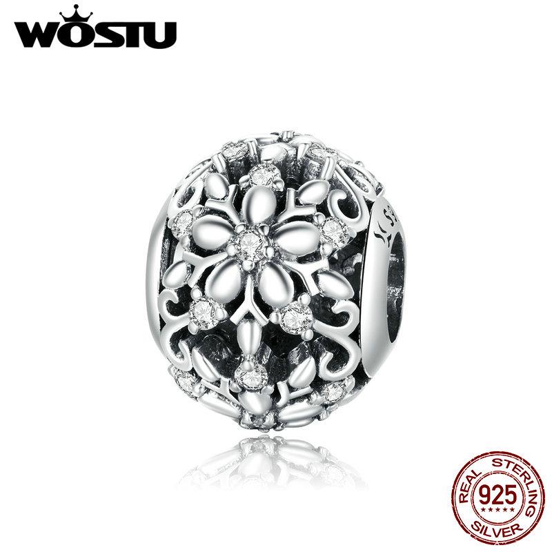 WOSTU Carved Snowflakes Pendant Charm Authentic 925 Sterling Silver Bead for 3MM Original Silver Bracelet Necklace Jewelry