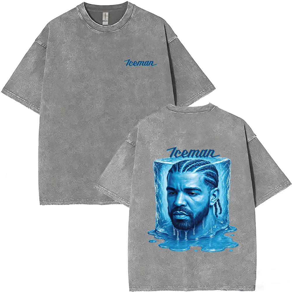 Washed Vintage Rapper Drake ICEMAN Album Graphic Tshirt Men Fashion Hip Hop Oversized T Shirts Mens High Quality Cotton Tshirt
