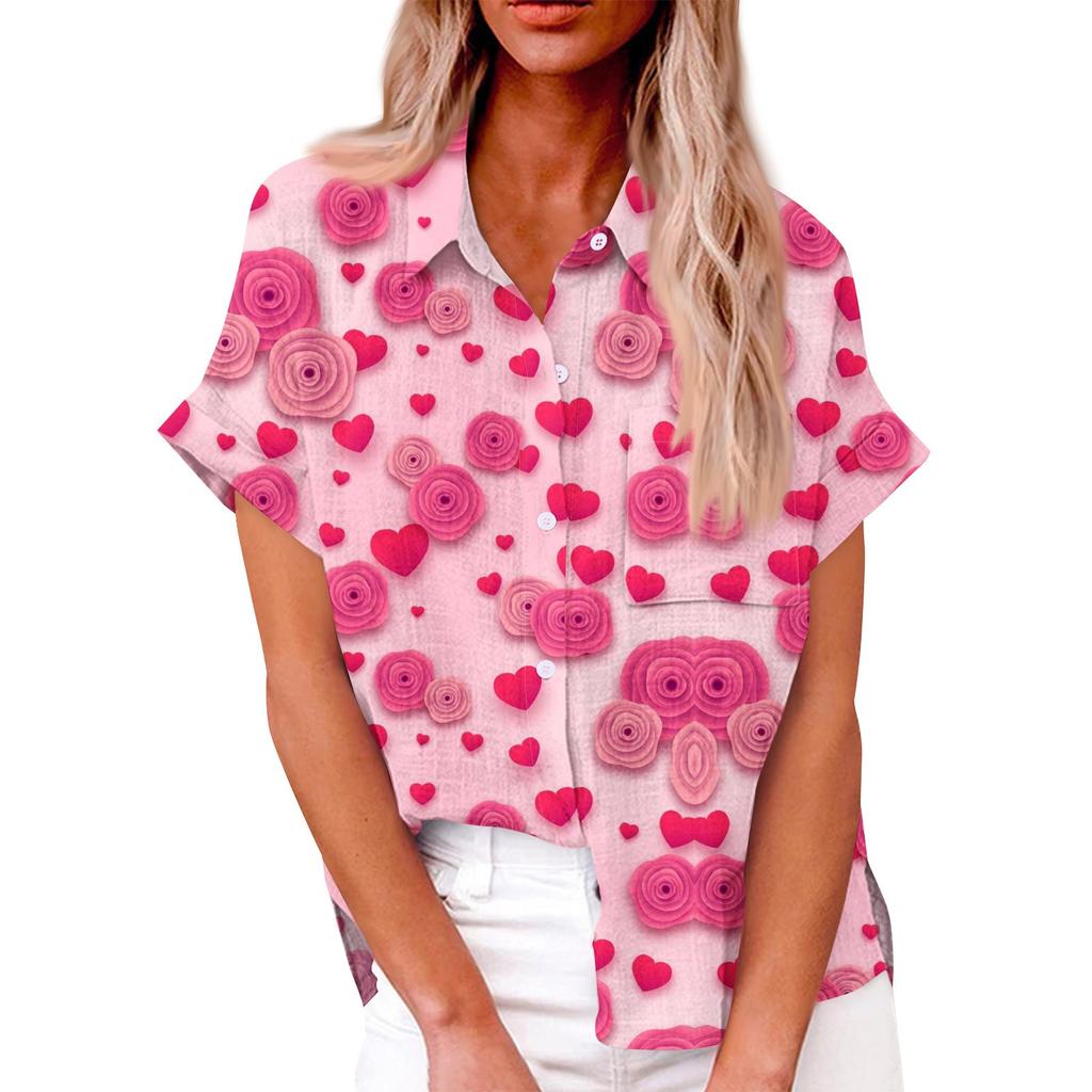 Женская свободная повседневная рубашка с короткими рукавами и отворотом с цифровым принтом и карманом