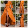 Autumn&Winter Hot Sale Fashion Women Dress Solid Sexy Deep V-neck Draw Back Lace-up Dresses Women Casual Long Dress