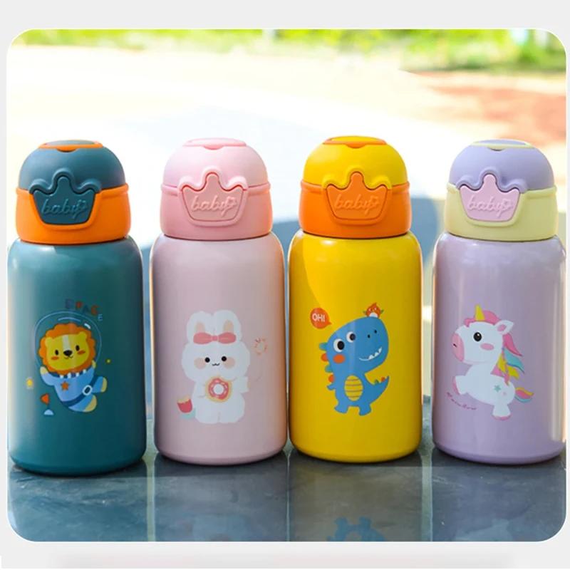 500ml Kids Stainless Steel Thermos - Cute Straw Bottle, Leak-Proof BPA-Free Anti-fall with Leather Case for Toddlers/Students
