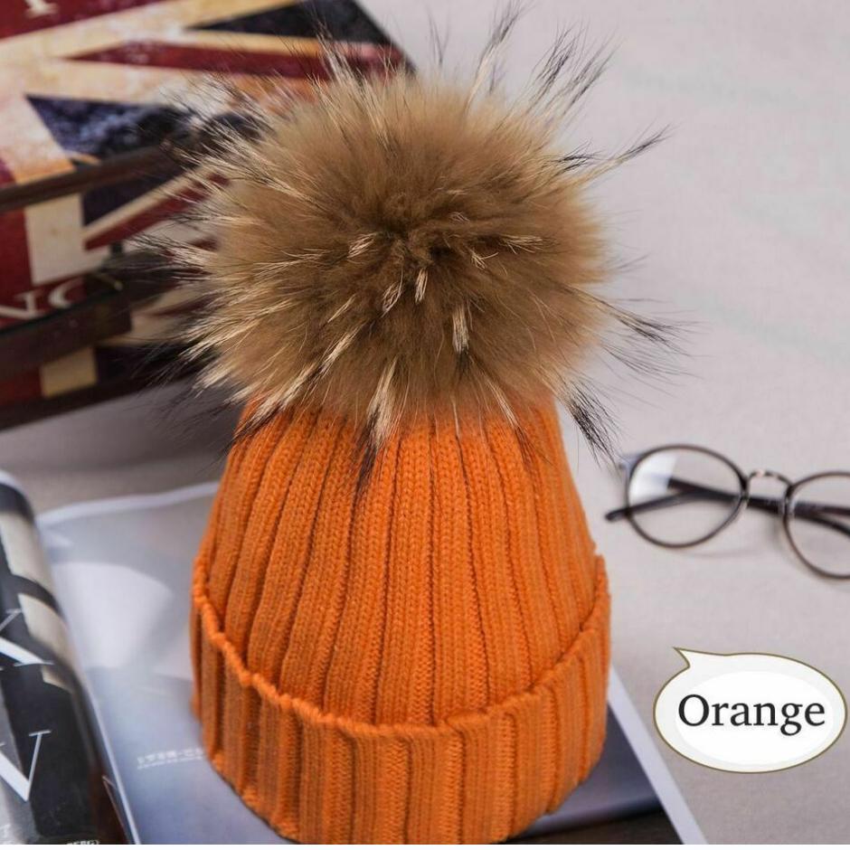 2023Hot Women Winter Racoon Fur Pom Pom 15cm Ball Knit Beanie Ski Cap Bobble Hat