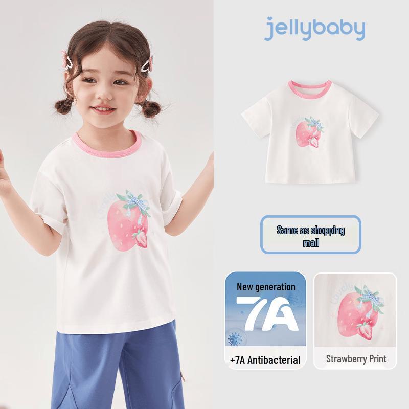 JELLYBABY Girls' Strawberry Print Color Block Short Sleeve T-Shirt