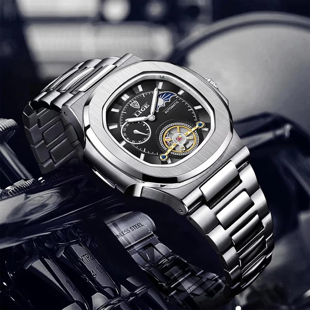 LIGE Dual Seconds Tourbillon Watch 24 Hour Mechanical Watch Stainless Steel Authentic Men Watch