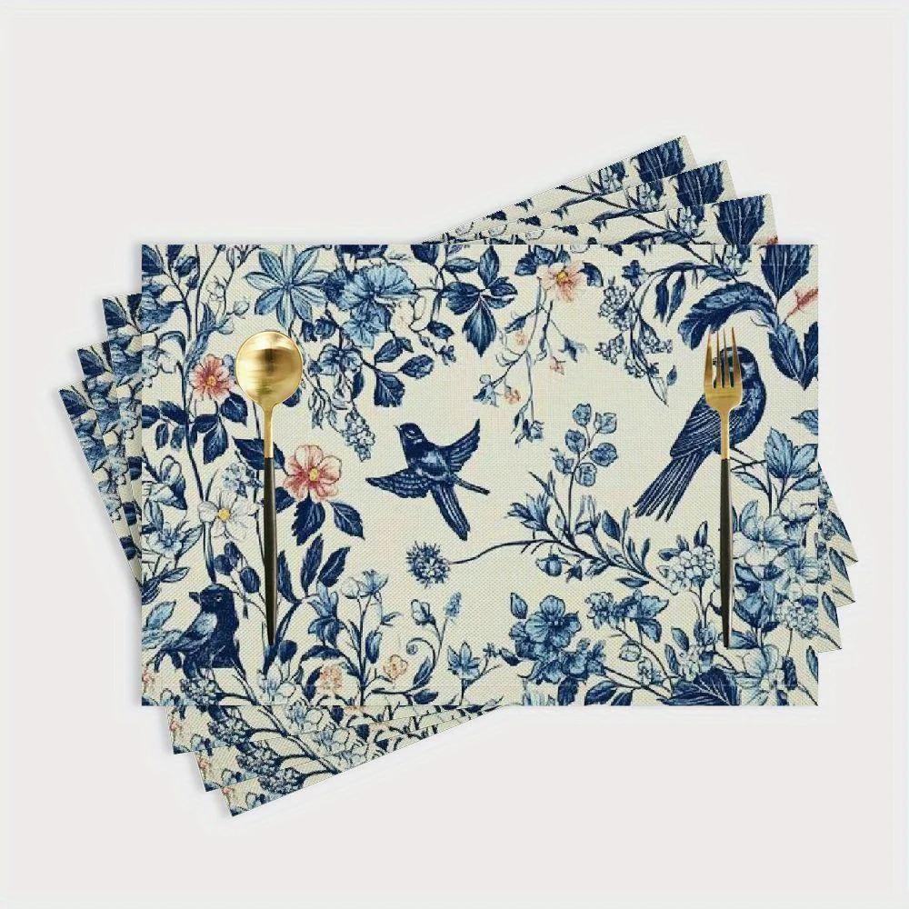 Forest Style Bird & Tree Linen Placemat, Waterproof Non-Slip Heat-Resistant, Decorative Table Mat, 1pc