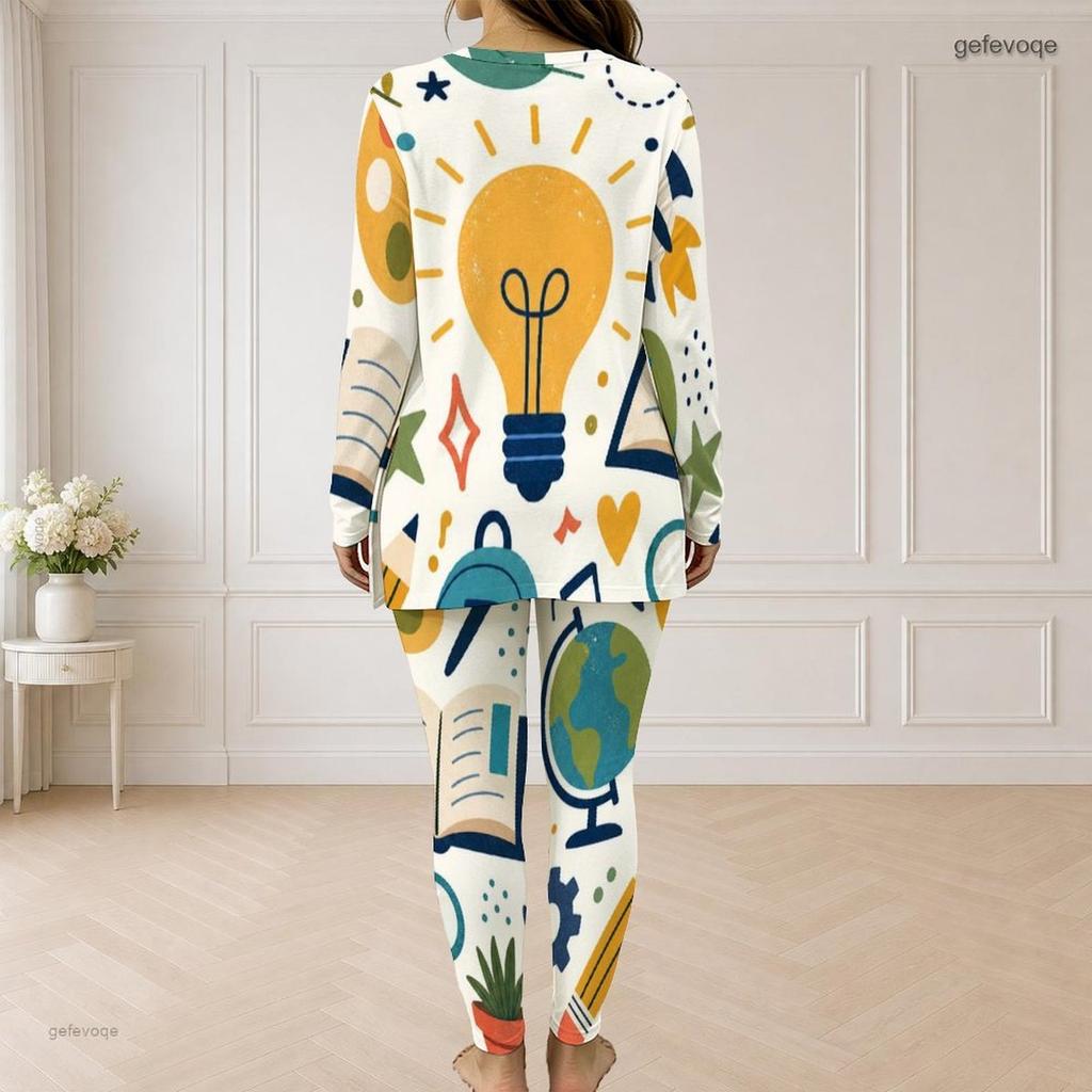 Women Plus Size Cartoon Excavator Printed Half Zip Long Sleeve Longline Top Fitted Pants Set