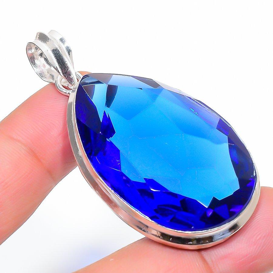 Lab Created Tanzanite Quartz Pendant 1.9" Silver Tone Pear Cut Gemstone Jewelry