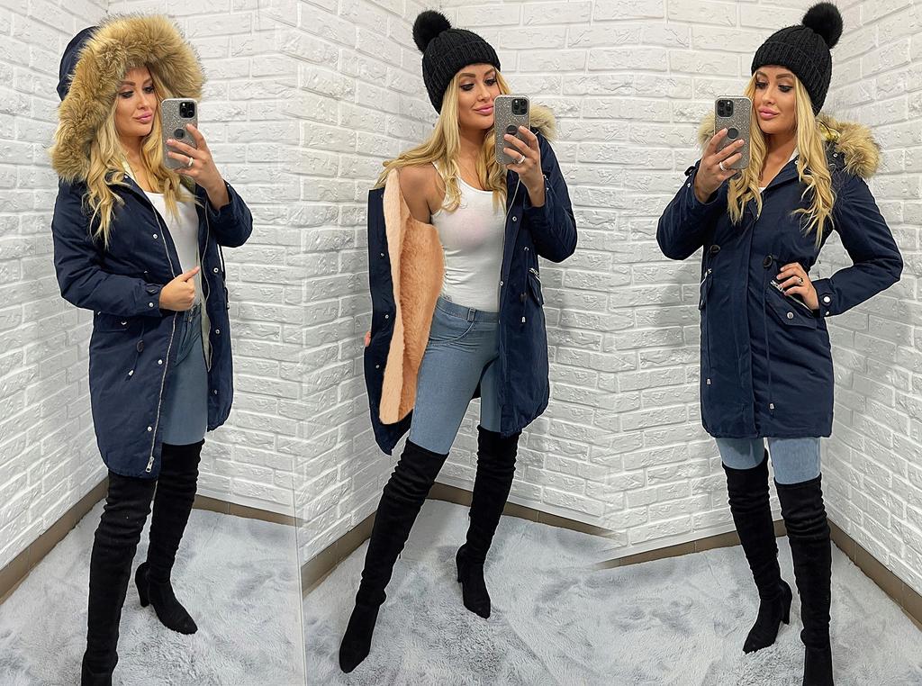 Warm Winter Parka Jacket with Teddy Bear Hood and Fur Trim Size Navy Blue