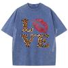 Leopard Print Love Red Lips Word Letter Cute Valentine Graphic T Shirts Custom Washed Shirt Creative Tops