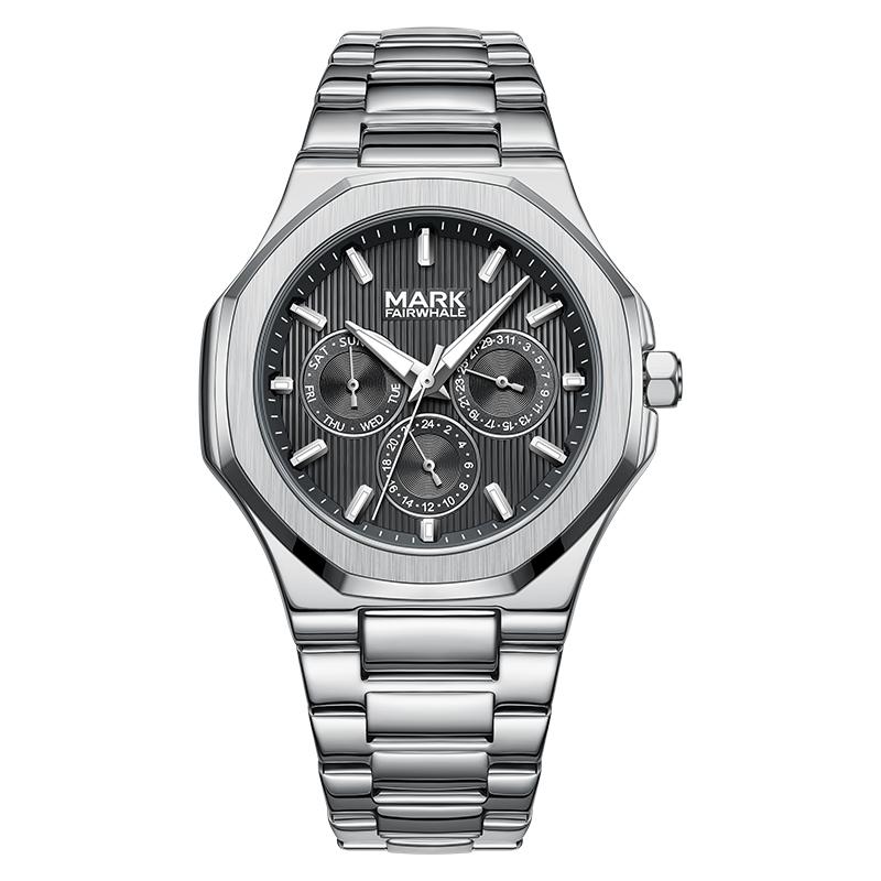 Mark Fairwhale  Men Quartz Watch Waterproof 3ATM Big Dial 44x52mm Alloy Case Metal Band Luminous Business Wristwatch