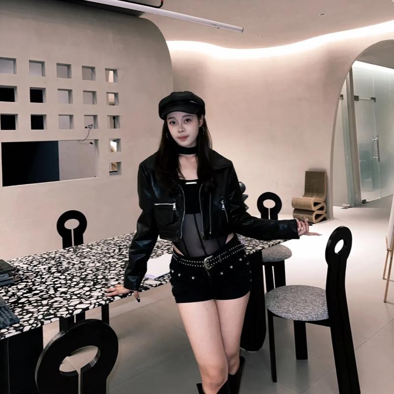 Классическая американская куртка для мотоциклистов для женщин, приталенная короткая куртка из искусственной кожи на молнии