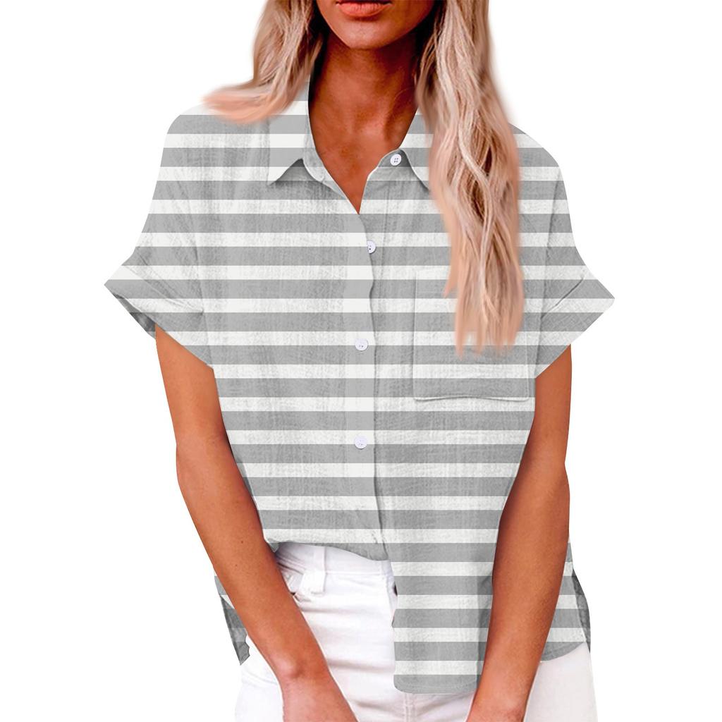 Женская свободная повседневная рубашка с короткими рукавами и отворотом с цифровым принтом и карманом