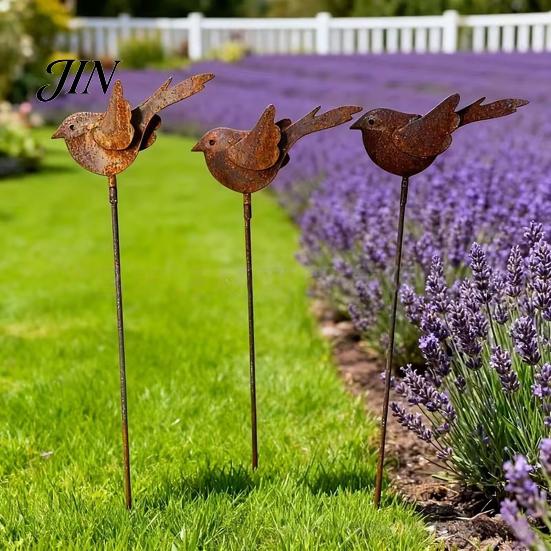 Whimsical Yard Accents 3PCS Rusty Metal Bird Ground Stake, Cute Birds Sculpture, Animals Decorative Fun Shaped Garden Art Stake for Outdoor