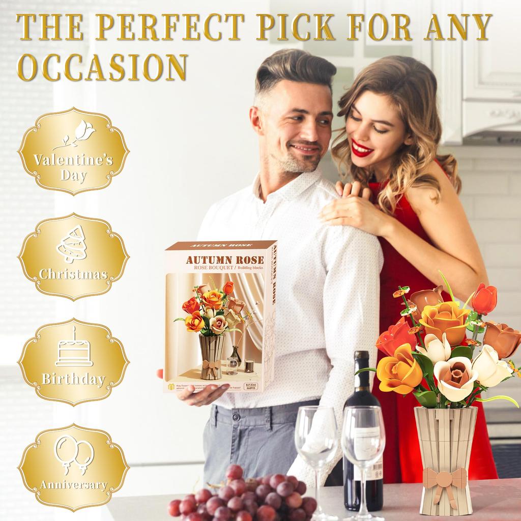 Non-Toxic 868Pcs Rose Bouquet Building Blocks Eternal Flower Vase Model Bricks Home Decoration Ornaments Children Romantic Gift Kids Diy Toys