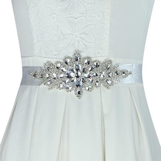 Rhinestone Bridal Sash Waist Belt with White Satin Ribbon for Wedding Dress