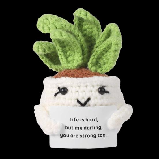 Crocheted Doll Cactus Succulent Doll with Cheer-up Card Tabletop Ornament Positive Crochet Figurine