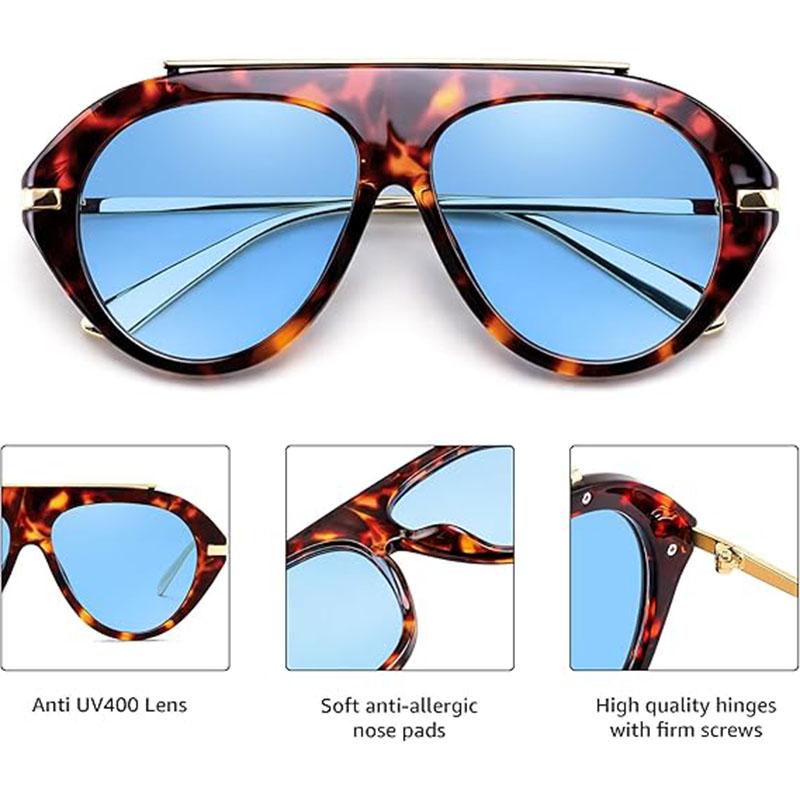 Retro Aviator Round Sunglasses for Women Men Trendy Oversized Vintage Metal Sun Glasses INS Popular Ladies Beach Shades UV400