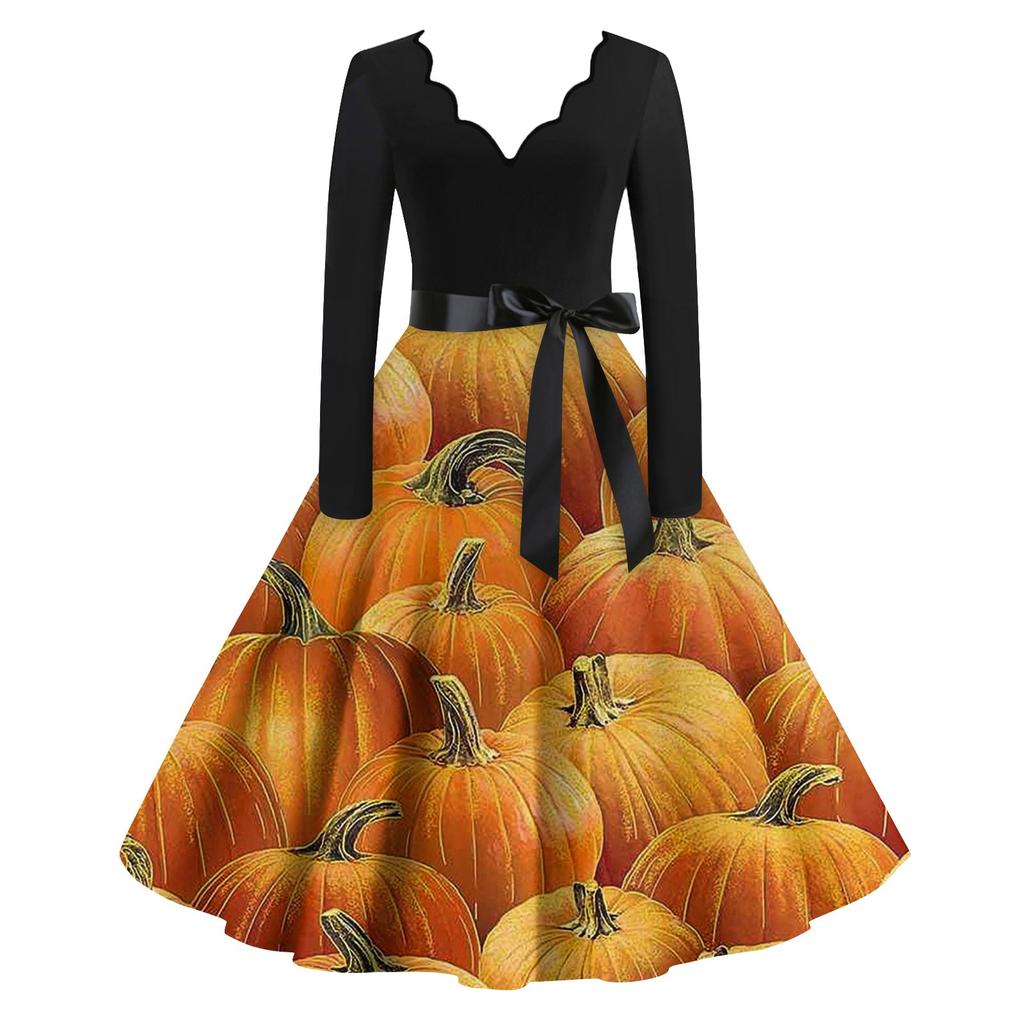 Женские повседневные модные винтажные длинные платья с длинным рукавом на Хэллоуин и графическим принтом