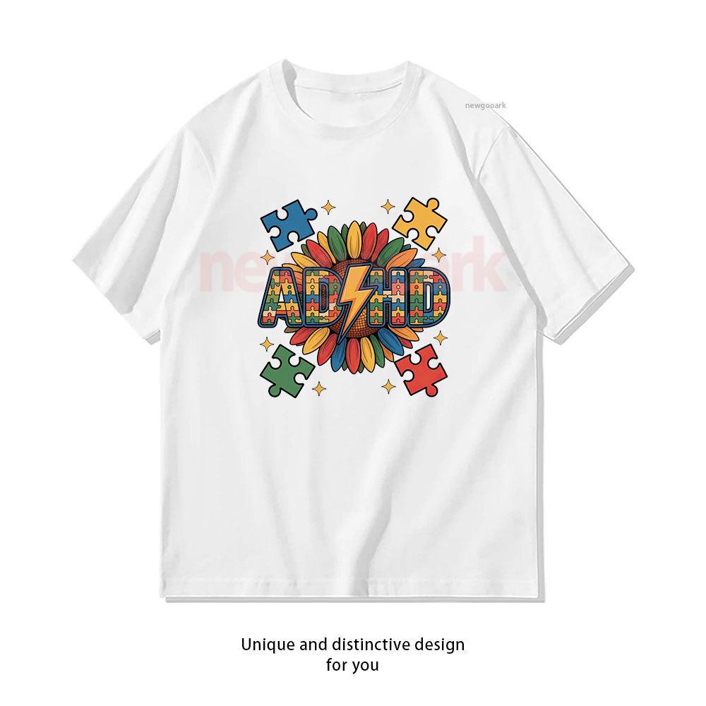 Colorful Floral ADHD Neurodiversity Puzzle Piece Sticker TShirt Woman Man Casual Cotton Graphic T Shirts Streetwear Camisetas