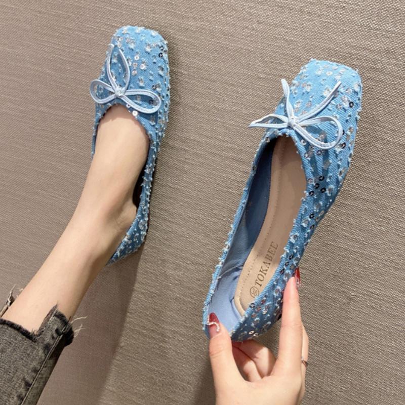 Fashion 2025 Spring New French Style Flat Shoes Fashion Versatile Elegant Bow Women Flats Shallow Mouth Soft Sequin Women Shoes Mujer