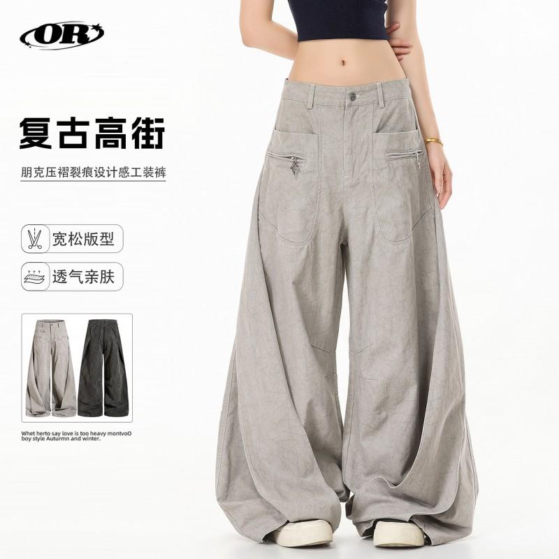 Men Women Casual Straight Leg Cargo Pants Cotton Washed Vintage Streetwear Workwear Trousers