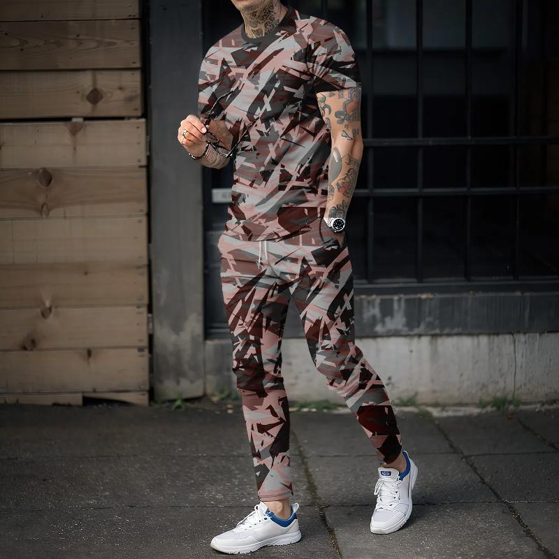 Новые летние мужские длинные брюки, спортивный комплект из 2 предметов, 3D ретро-стиль милитари, футболка с короткими рукавами + длинные брюки, уличная одежда