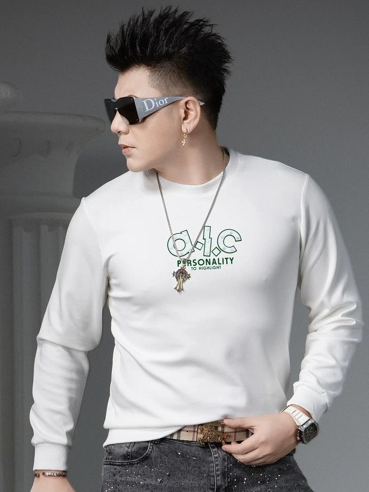 Ozhouzhan 2025 Autumn New Trend Letter Print round Neck Hoodie Men's Long sleeve Bottoming Shirt Casual Top
