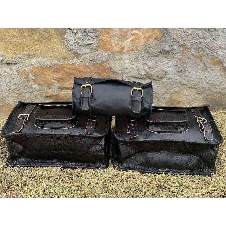 Leather Black Saddle Bags Motorcycle Pouch Bag Three Bags Pannier Saddle Bags Set Of Three Bags For Sportscaster