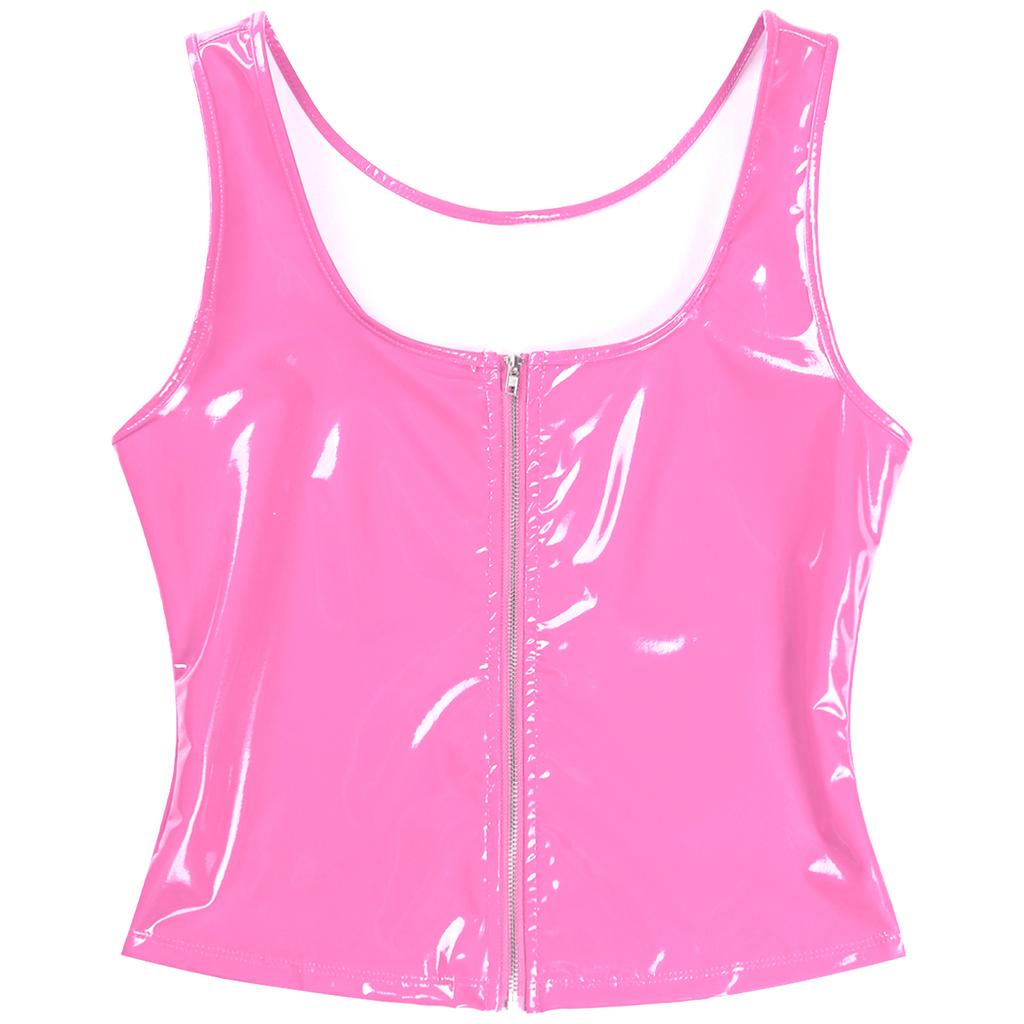 Womens Fashion Zipper Patent Leather Tank Top Wet Look Clubwear Festival Clothing Pole Dance Rave Outfit