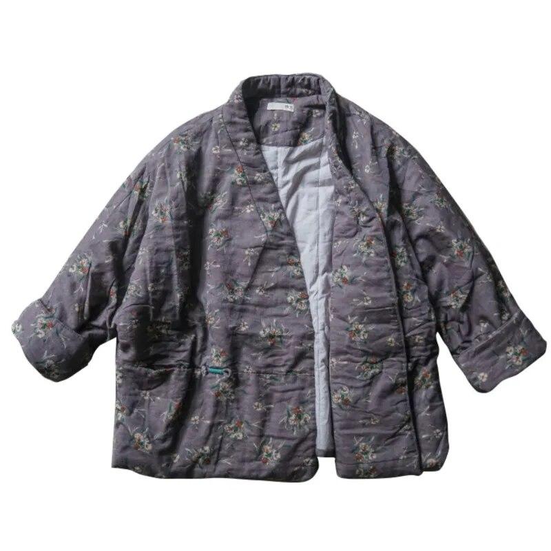 Johnature Women Vintage Print Floral Cotton Parkas V-Neck Long Sleeve Button Fly Chinese Style Winter Coats Warm Parkas